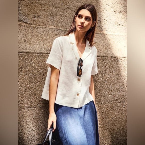 Nicole Miller Tops - Nicole Miller White 100% Linen Button Down Shirt Short Sleeveless Loose Fit Sz S